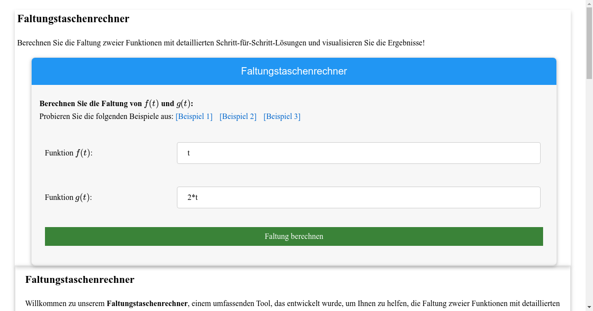 Faltungstaschenrechner mit Schritt für Schritt Lösungen