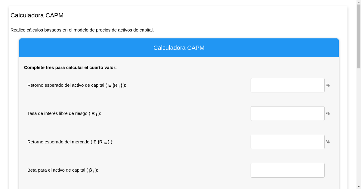 Calculadora CAPM Modelo de fijación de precios de los activos de capital