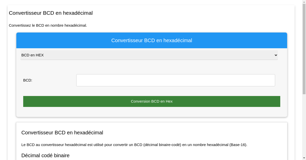 Convertisseur BCD en hexadécimal Conversion de code binaire décimal