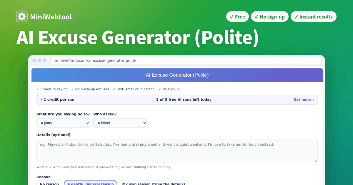 AI Excuse Generator (Polite) - Kind, Ready-to-Send Ways to Decline Any ...