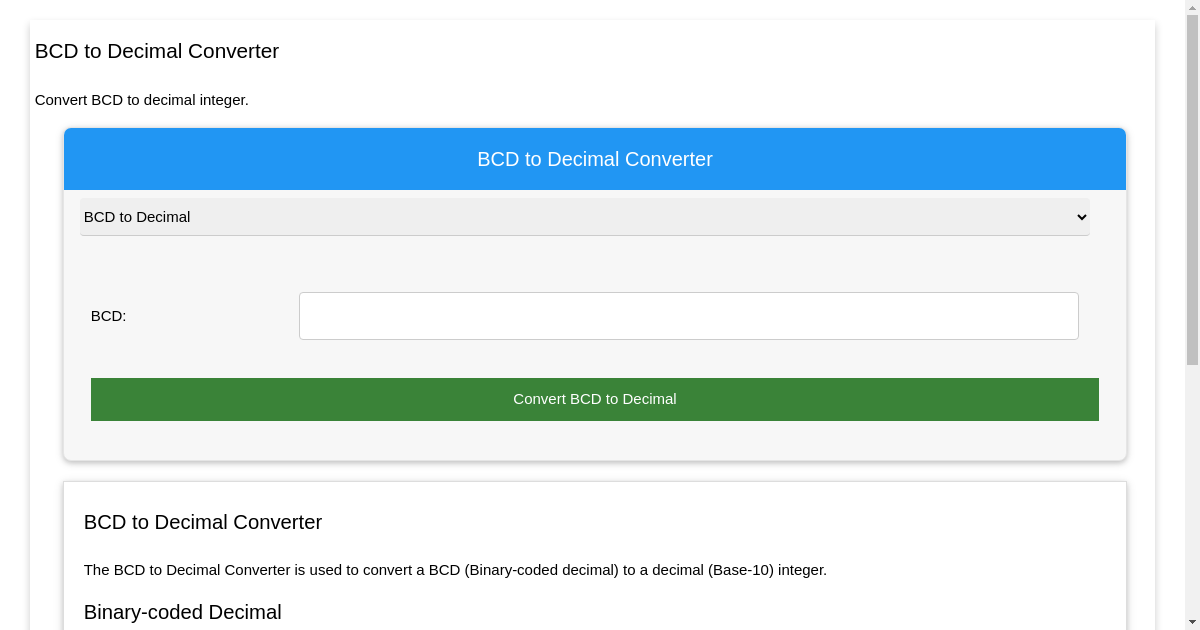 BCD to Decimal Converter - Convert Binary-coded Decimal to Decimal Integer