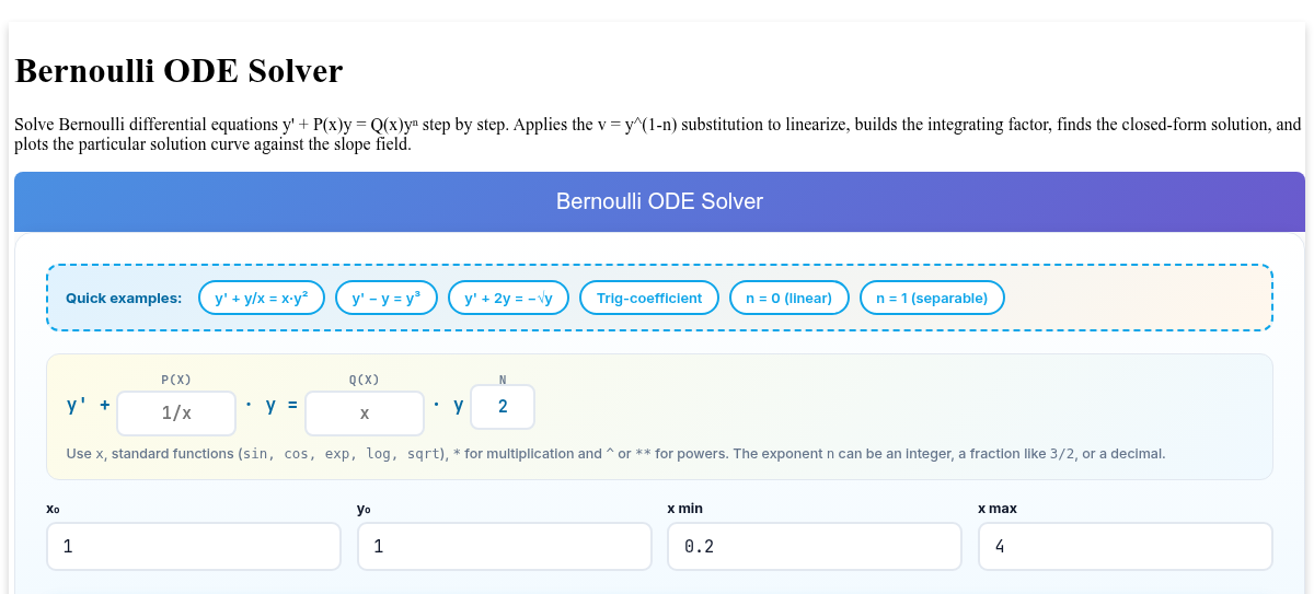 Linear Form Add Math Free Bernoulli ODE Solver - Step-by-Step Solution Curve