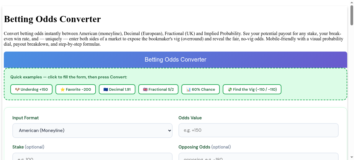 Betting Odds Converter - American, Decimal & Fractional Odds + Implied ...