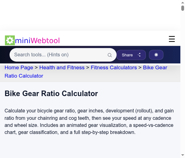 Bike Gear Ratio Calculator - Gear Inches, Development, Gain Ratio & Speed