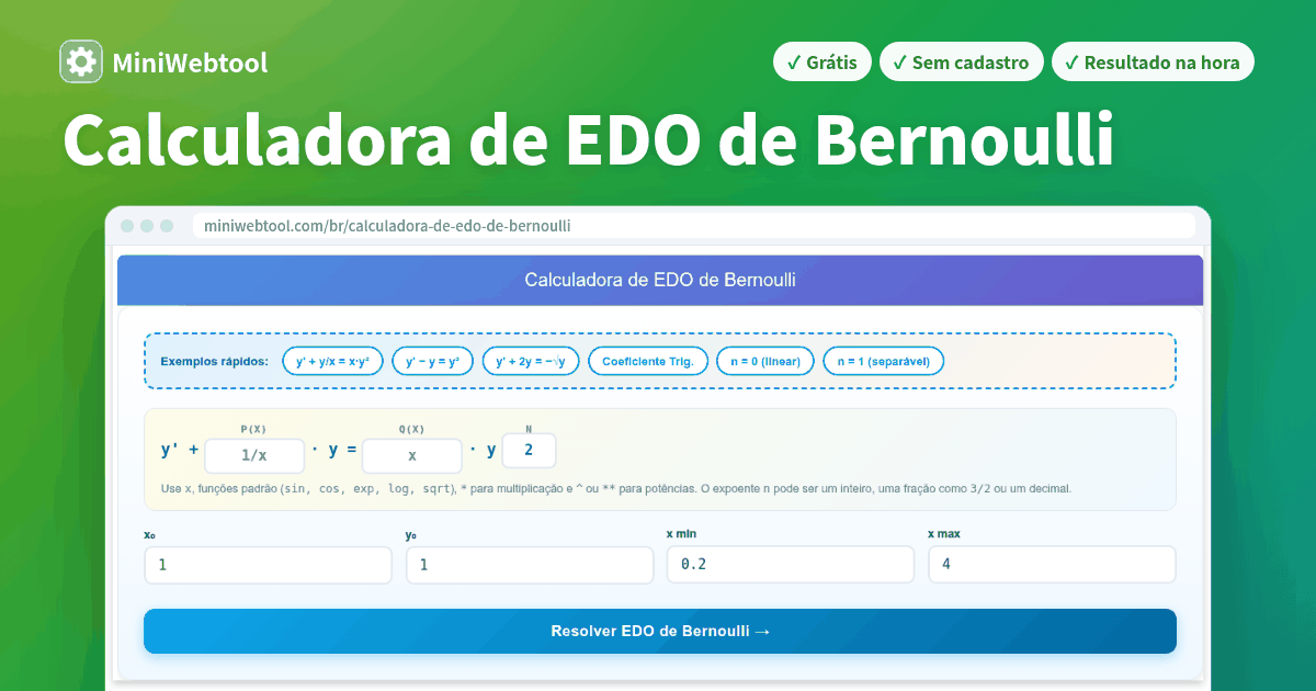 Calculadora de EDO de Bernoulli - Resolva y' + P(x)y = Q(x)yⁿ Passo a ...