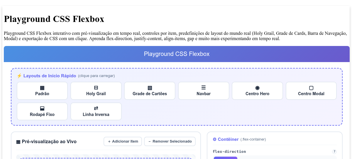 Playground CSS Flexbox - Construtor Interativo de Layout Flex e Gerador ...