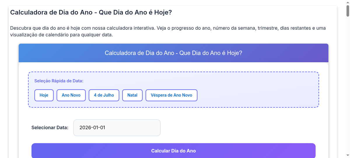 Calculadora de Dia do Ano com Progresso Visual e Calendário
