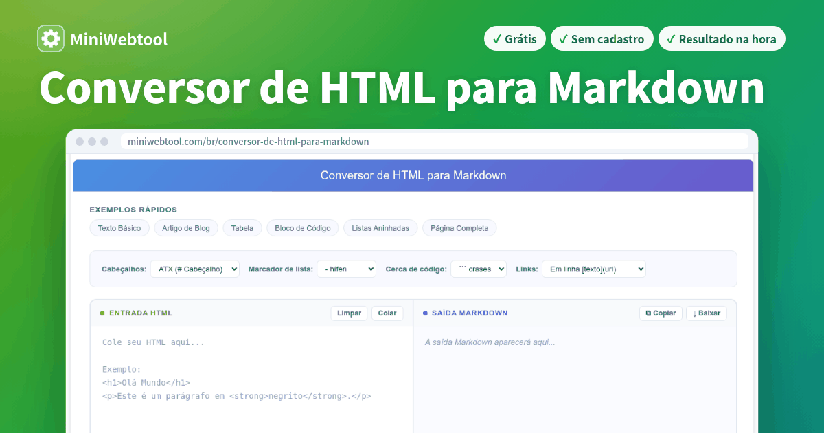 Conversor de HTML para Markdown - Converta HTML para Markdown Limpo Online