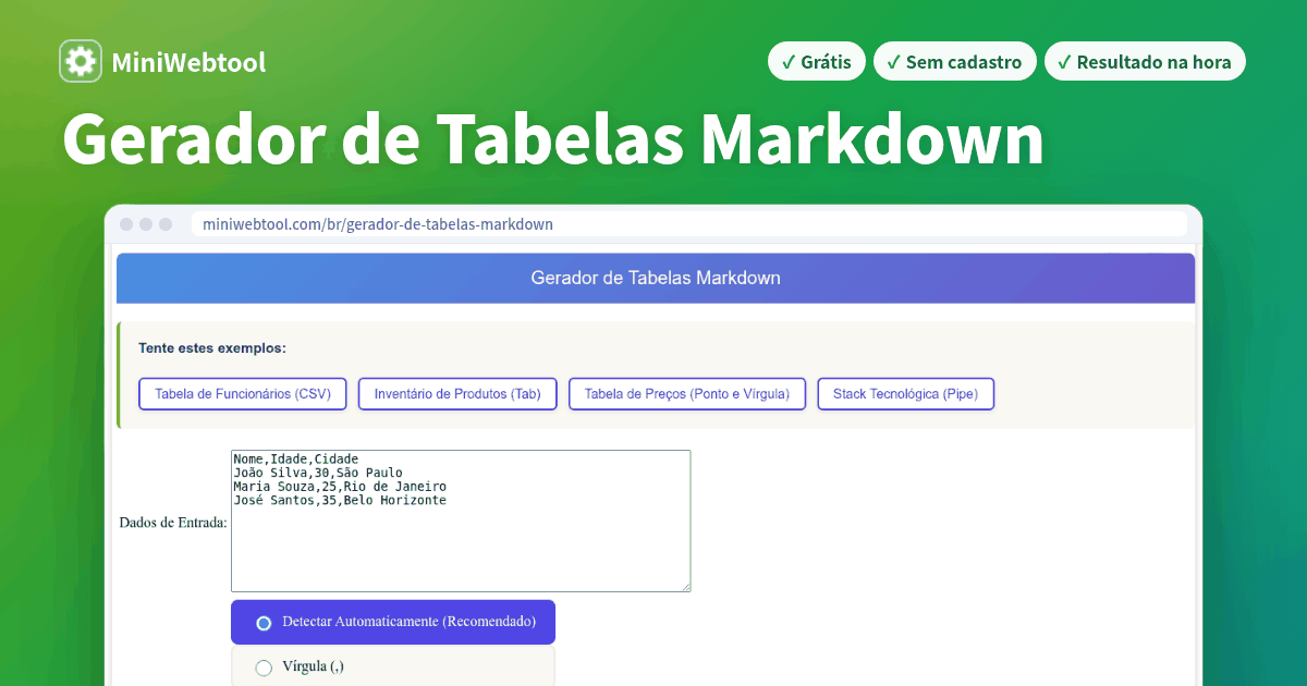 Gerador de Tabelas Markdown - Converta CSV para Tabelas Markdown Online
