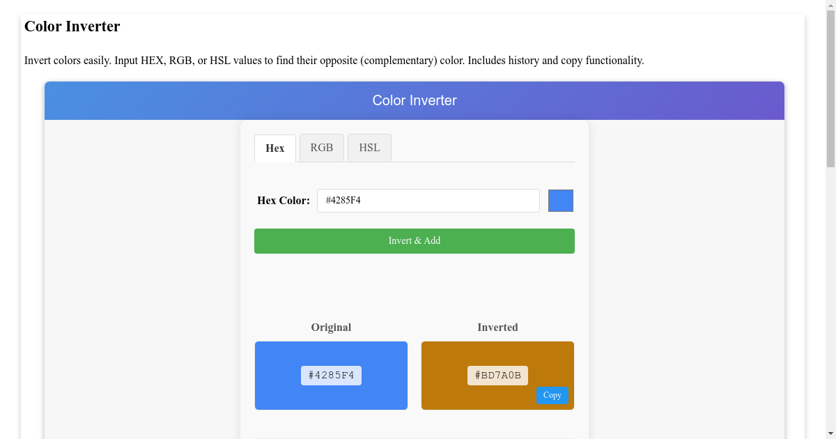 Free Online Color Inverter Tool - Invert HEX, RGB, HSL Colors