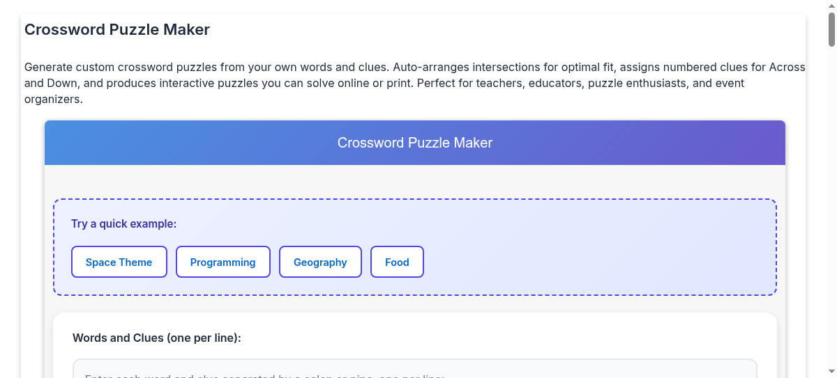 Free Online Crossword Puzzle Maker - Create Custom Printable Crossword