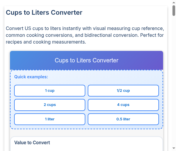 Cups to Liters Converter - Convert US Cups to Liters with Visual Reference