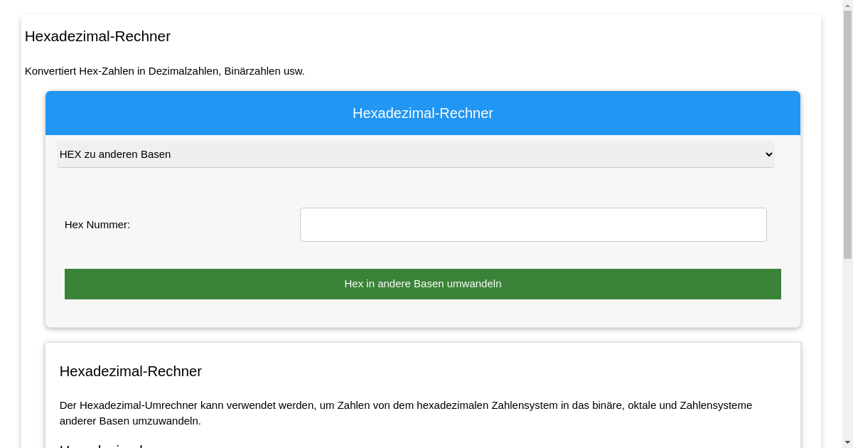 HexadezimalRechner Hexadezimal zu Binär, Dezimal, Oktal und anderen Basen umrechnen