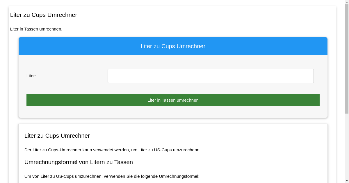 Liter zu Cups Umrechner