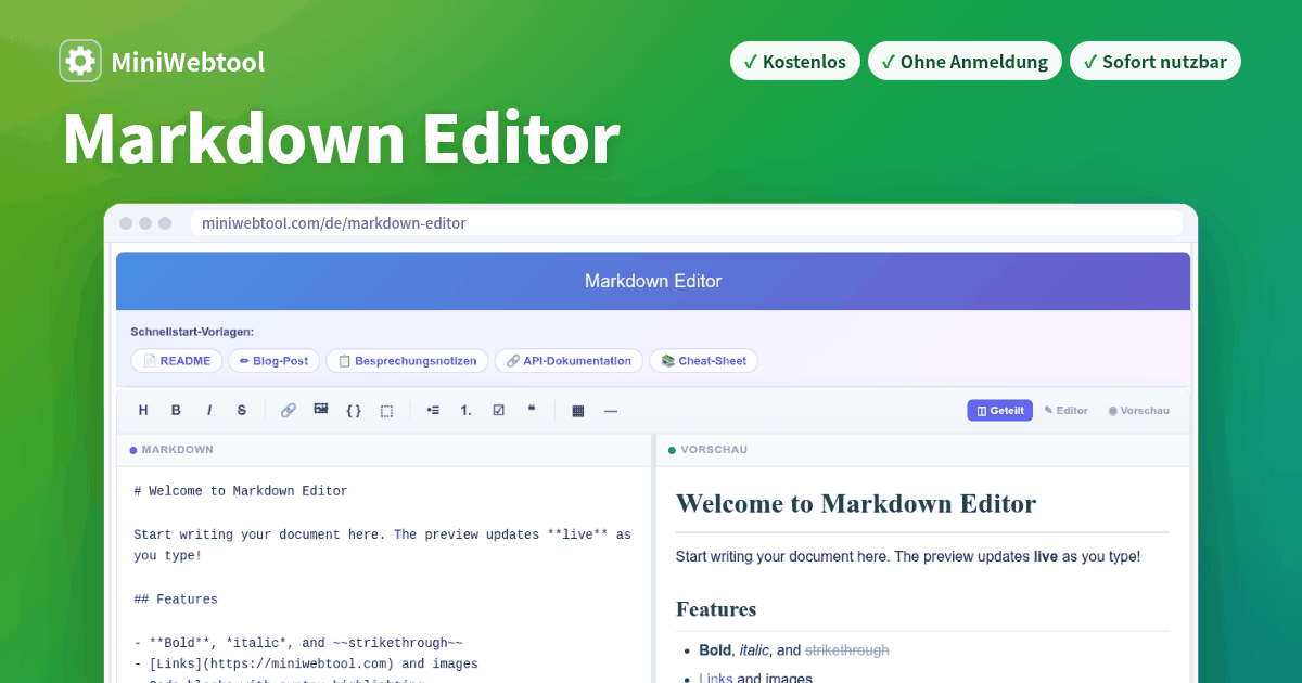 Markdown Editor - Live-Vorschau, Toolbar & Export | Kostenlos Online