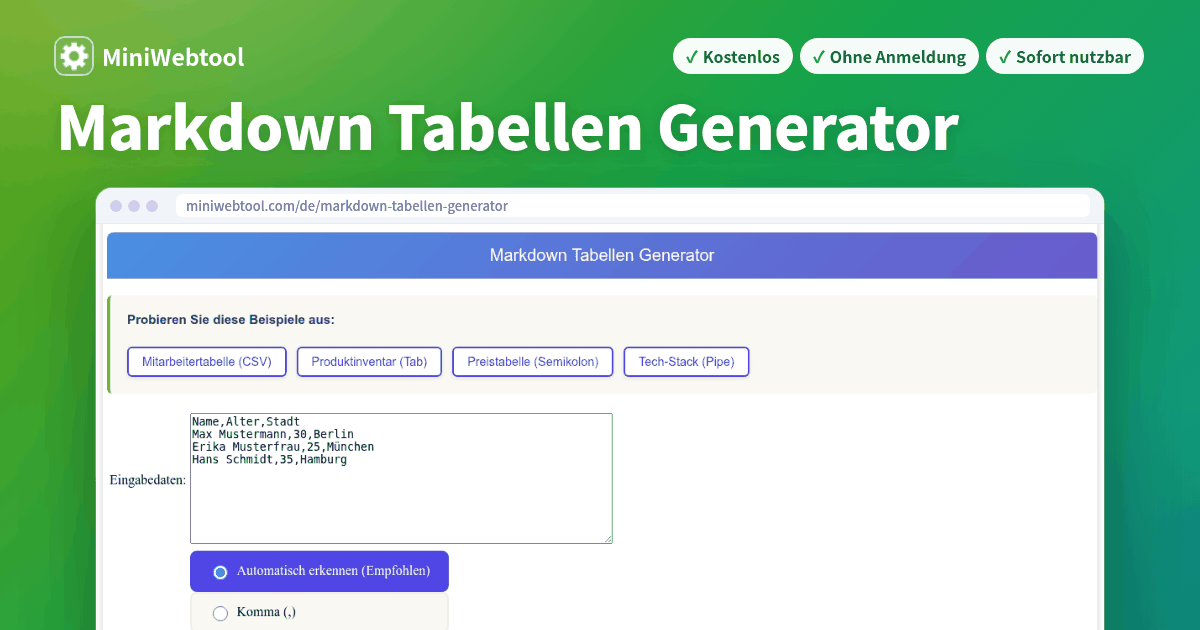 Markdown Tabellen Generator - CSV online in Markdown-Tabellen konvertieren