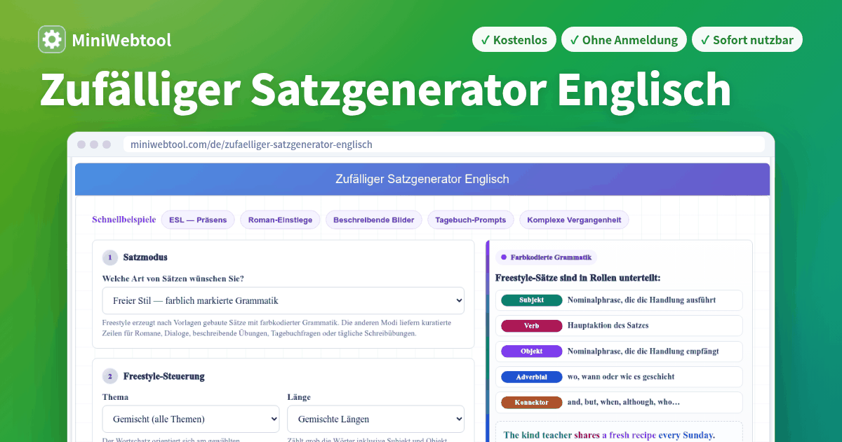 Zufälliger Satzgenerator Englisch kostenlos - Thema, Zeitform und bis zu 25