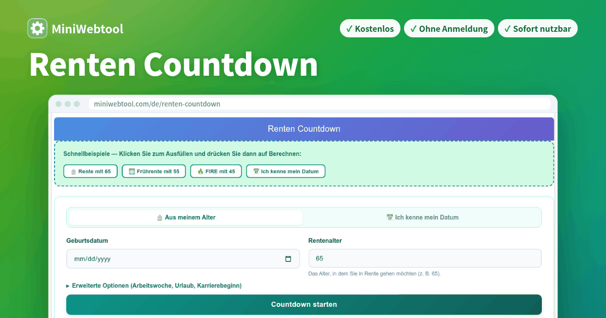 Renten Countdown - Live Arbeitstage & Jahre bis zur Rente