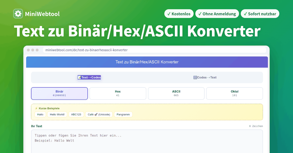 Text zu Binär/Hex/ASCII Konverter kostenlos - Kodieren & Dekodieren