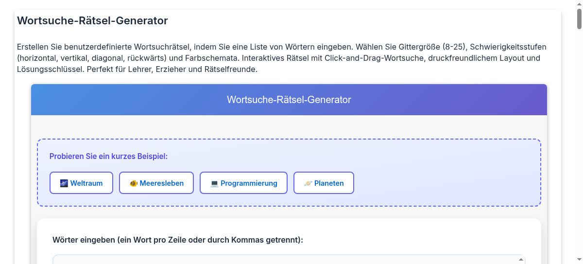 Kostenloser Wortsuche-Rätsel-Generator - Eigene druckbare Suchrätsel