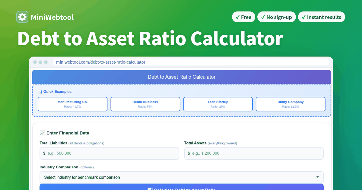 Debt to Asset Ratio Calculator - Financial Leverage & Solvency Analysis