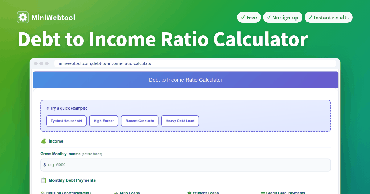 Debt to Income Ratio Calculator (DTI) - Free Calculator with Visual ...