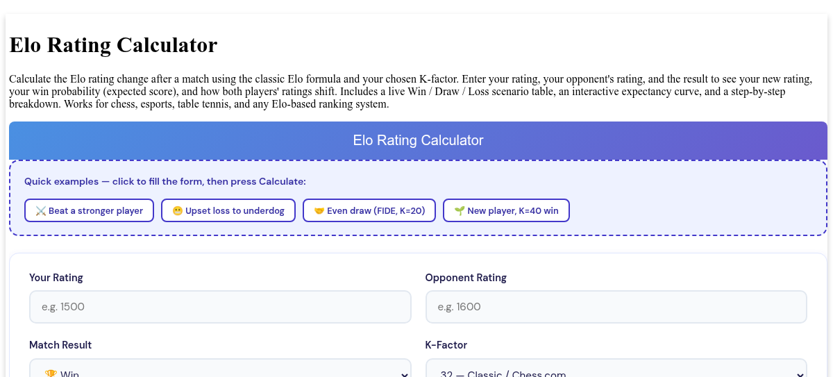 Free Elo Rating Calculator - Rating Change & Win Probability