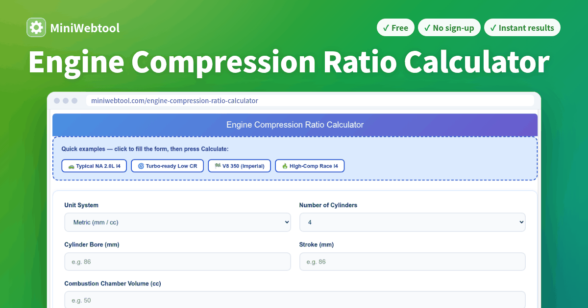 Compression Ratio Calculation Program Engine Compression Ratio Calculator - Static CR from Bore, Stroke ...