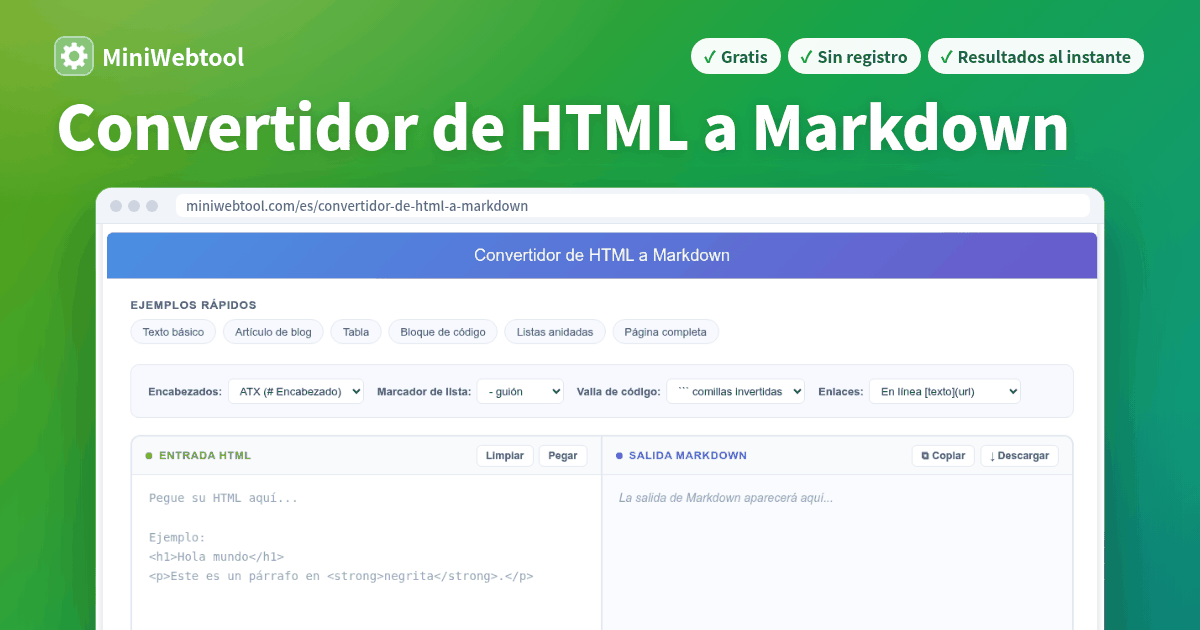 Convertidor de HTML a Markdown - Convertir HTML a Markdown limpio en línea