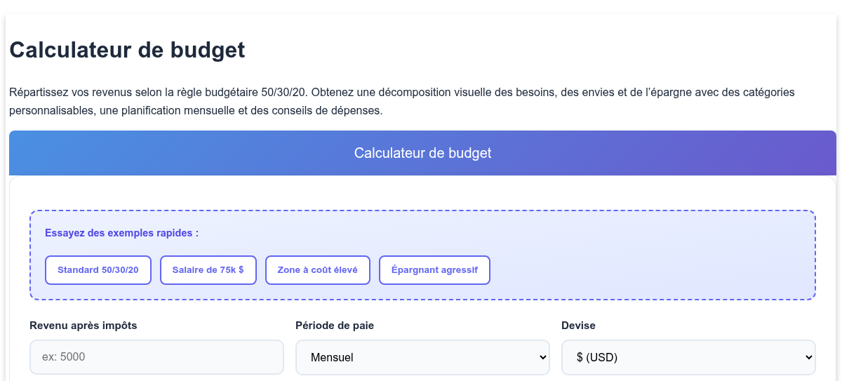Calculateur de budget - Planificateur 50/30/20 avec répartition visuelle
