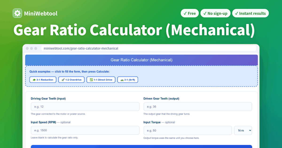 Gear Ratio Calculator (Mechanical) - Output RPM & Torque