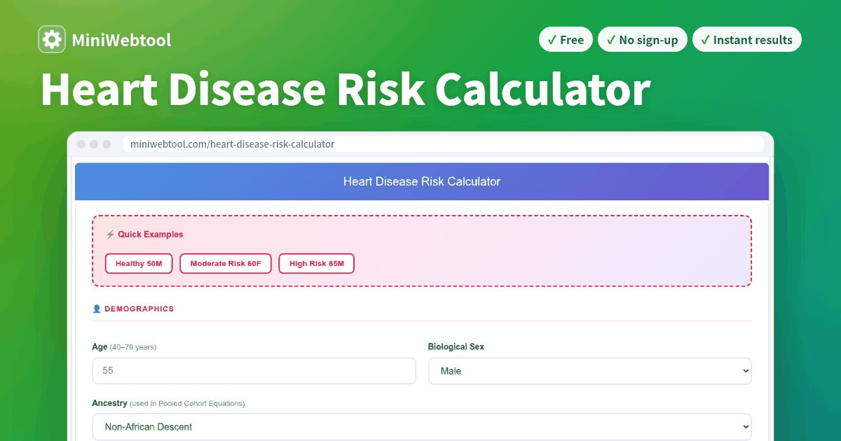 Cardiovascular Risk Number Heart Disease Risk Calculator - 10-Year ASCVD Risk Estimator (ACC/AHA ...