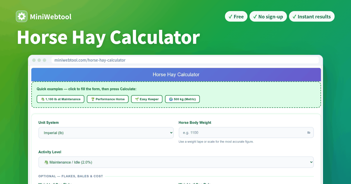 Bac Conversion Chart Horse Hay Calculator - Daily Hay Requirement by Weight & Activity