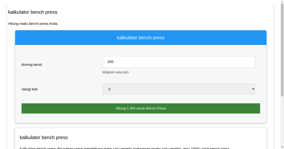 Bench Press Calculator - Menghitung satu maks maks Anda untuk bench press