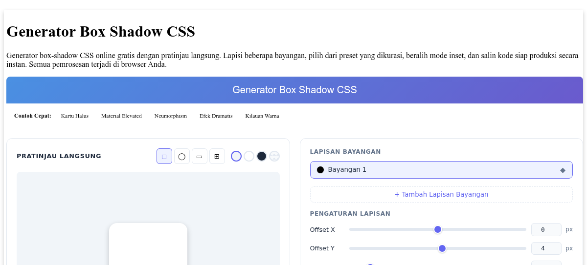 Generator Box Shadow CSS - Buat Bayangan Indah Secara Visual