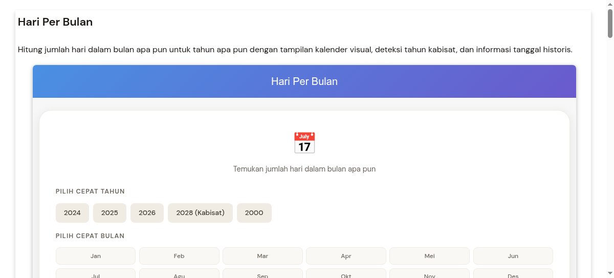 Kalkulator Hari Per Bulan - Cari Jumlah Hari di Bulan & Tahun Apa Pun