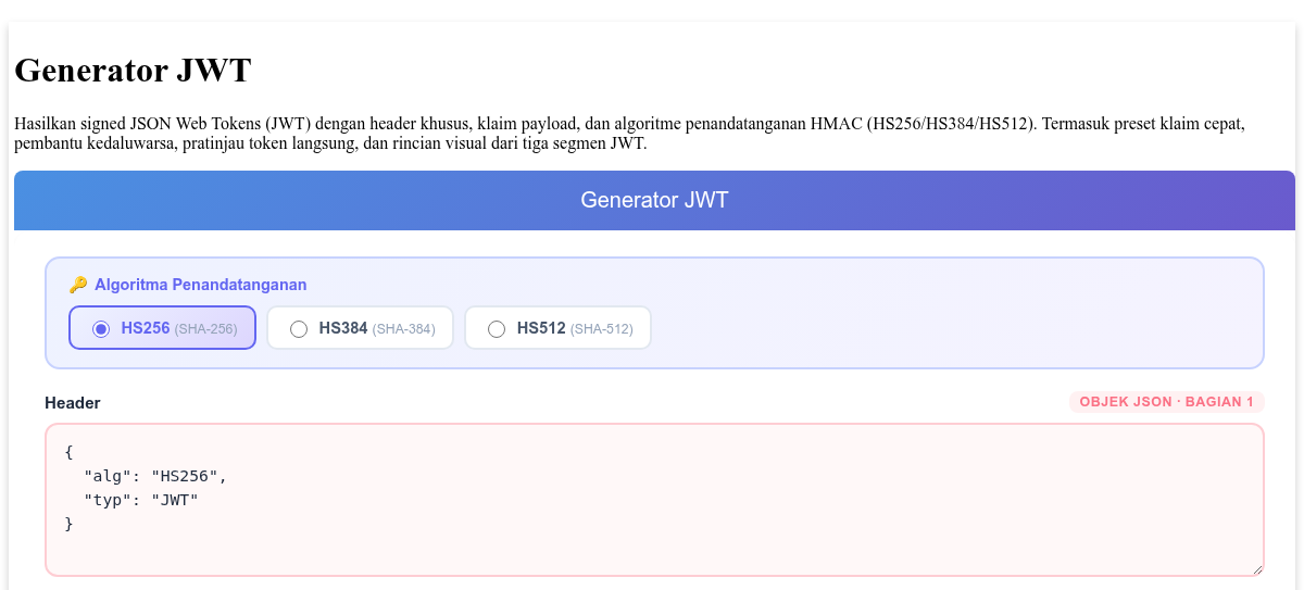 Generator JWT - Buat Signed JSON Web Tokens dengan HS256, HS384, HS512