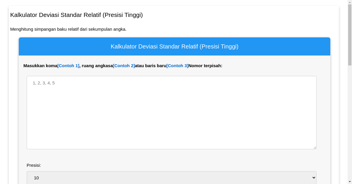 Kalkulator Deviasi Standar Relatif (Presisi Tinggi)