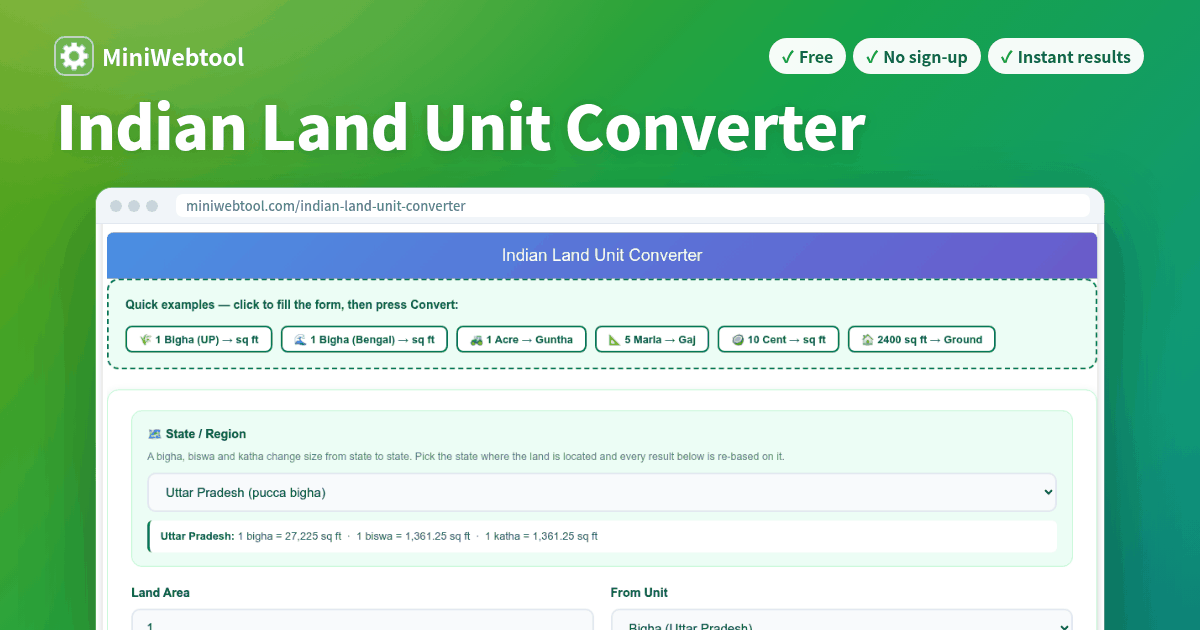 Free Indian Land Unit Converter - State-Wise Bigha & Area Conversion