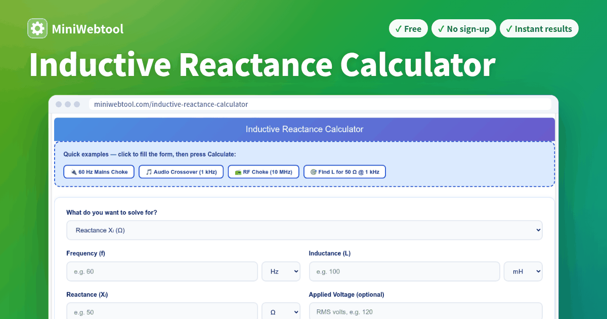 Free Inductive Reactance Calculator - Phase lag and RMS current