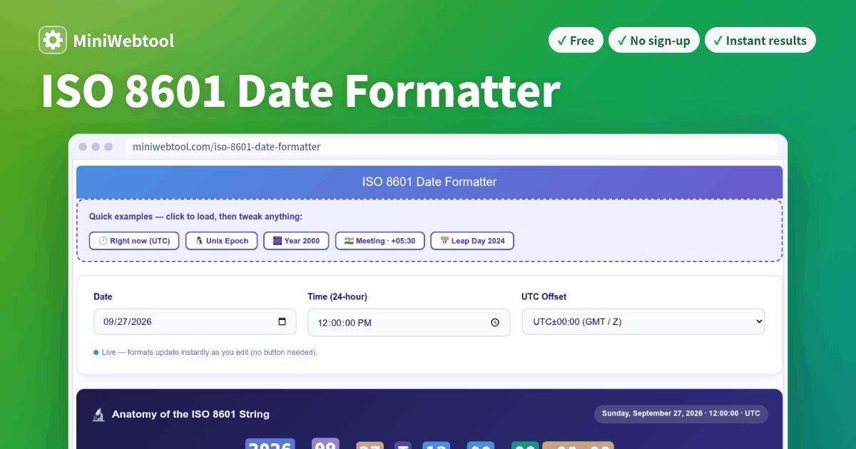 Free ISO 8601 Date Formatter - ISO, RFC 2822, Unix & Locale