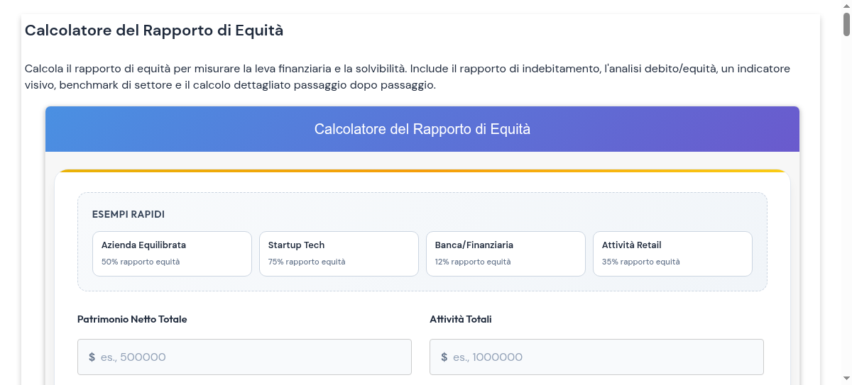 Calcolatore del Rapporto di Equit - Analisi di Leva Finanziaria e  Solvibilit