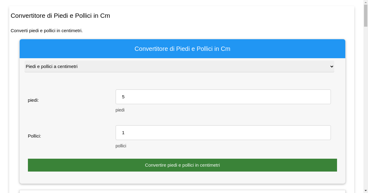 Convertitore di Piedi e Pollici in Cm