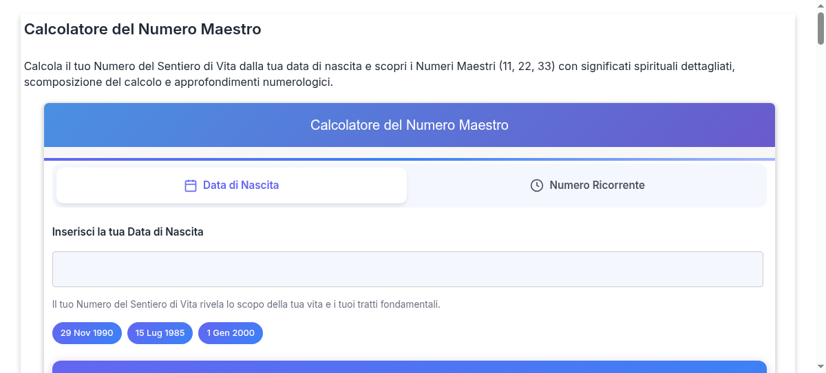 Calcolatore del Numero Maestro e Analisi della Data di Nascita