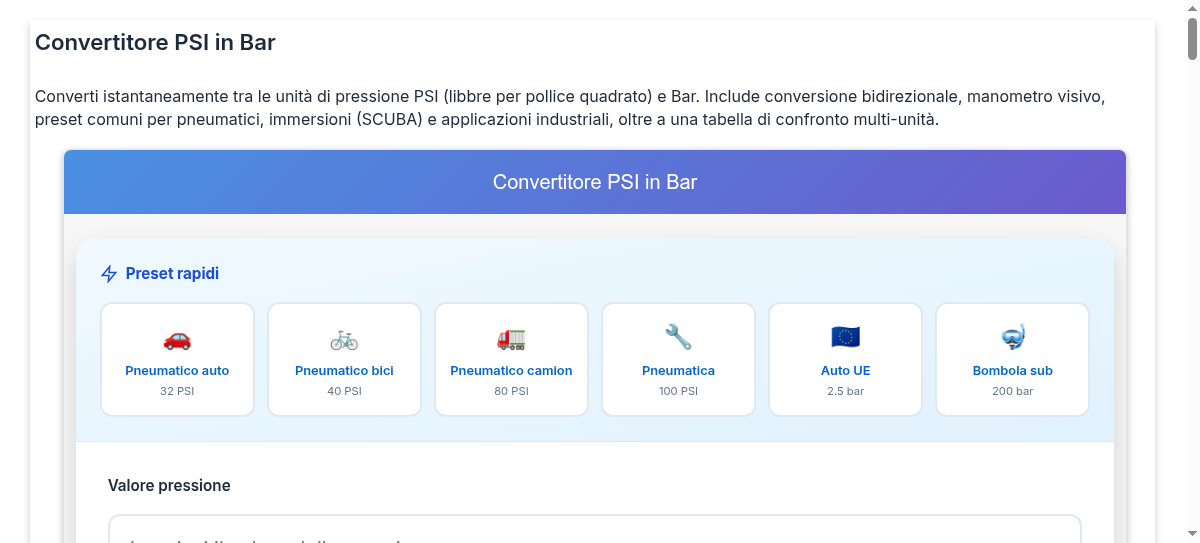 Convertitore PSI in Bar Conversione unità di pressione con scala visiva — free download