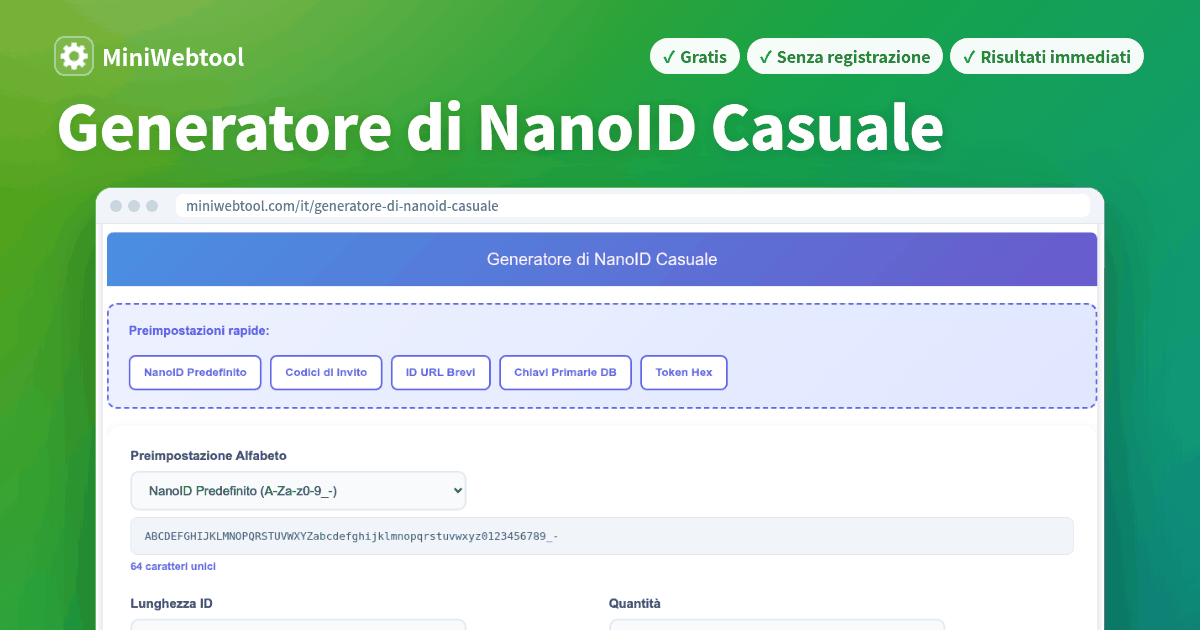 Generatore di NanoID Casuale - Genera ID unici sicuri e URL-friendly online