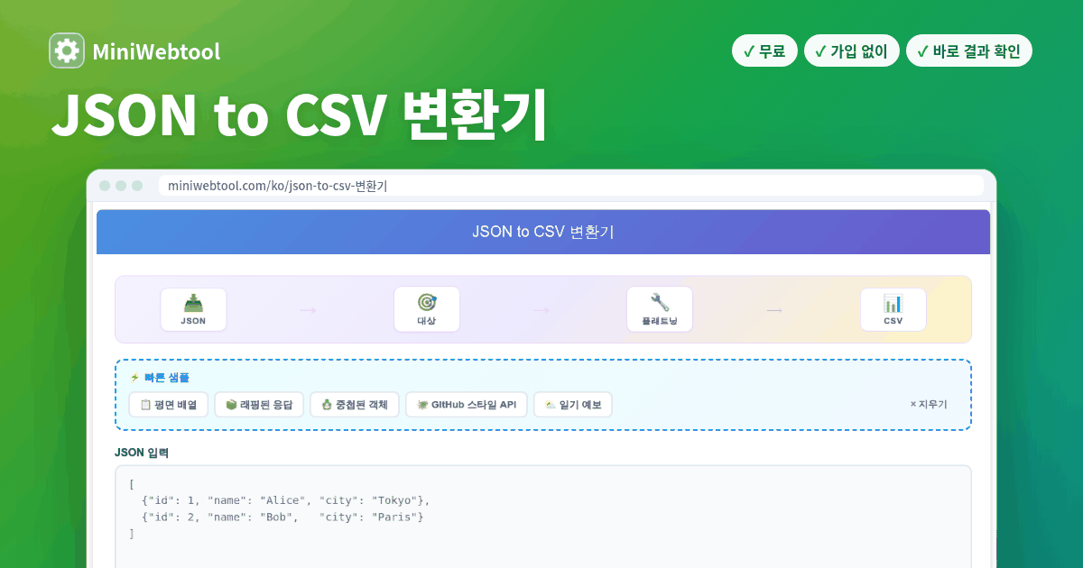 JSON to CSV 변환기 - 중첩된 JSON 배열을 온라인에서 표 형식의 CSV로 평탄화