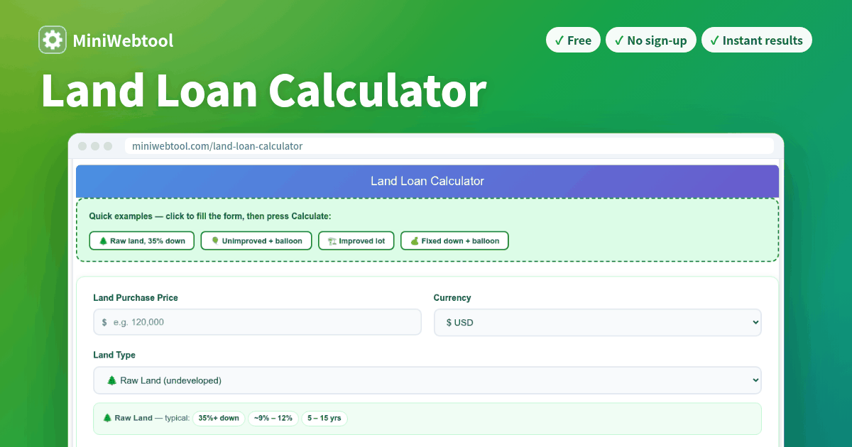Land Loan Calculator - Monthly Payment, Interest & Balloon Estimator