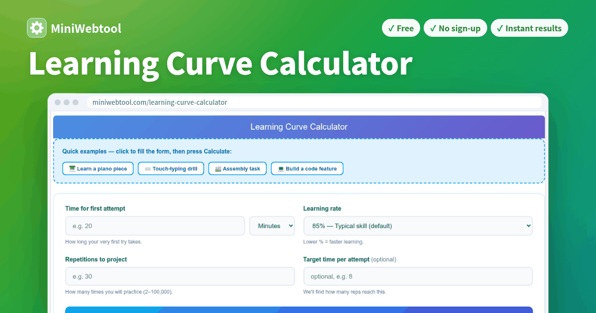 Learning Curve Calculator - Estimate Skill Mastery Time & Practice Reps