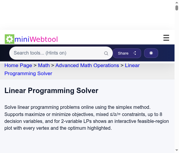 その他 Linear Programming Linear Programming Solver - Simplex Method with Graphical Feasible